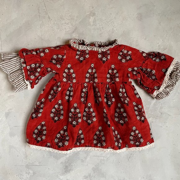 Yo Baby India Red Floral Block Print Dress 0-3M Cottagecore Scandi Folk Boho - Picture 1 of 7